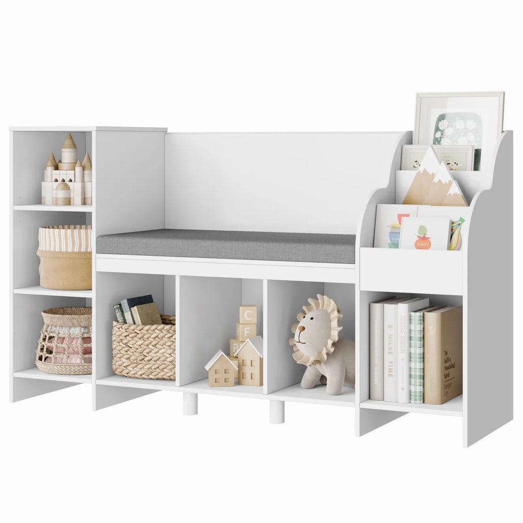 Homfa 31.5'' H x 54.5'' W Kids Bookshelf with Reading Nook, 2 Seats 7 Toy Shelves Wooden Kids Storage Organizer, White