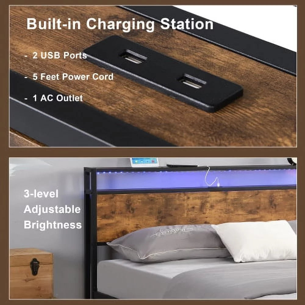 Full Bed Frame with LED Lights,Full Size Bed Frame with Headboard Storage,Platform Bed Frame with Outlets and 2 USB Ports,Metal Bed Frame with Storage,Noise Free,No Box Spring Needed,Antique Brown