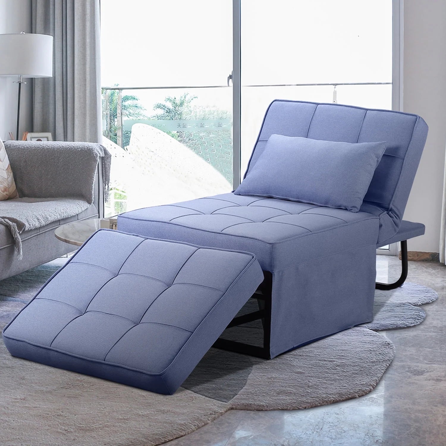 Ainfox Ottoman Chair Lounger Bed .4 in 1 Breathable Linen Convertible Single Sofa Couch, 73.23''L x 33.86''W(Dark Blue)