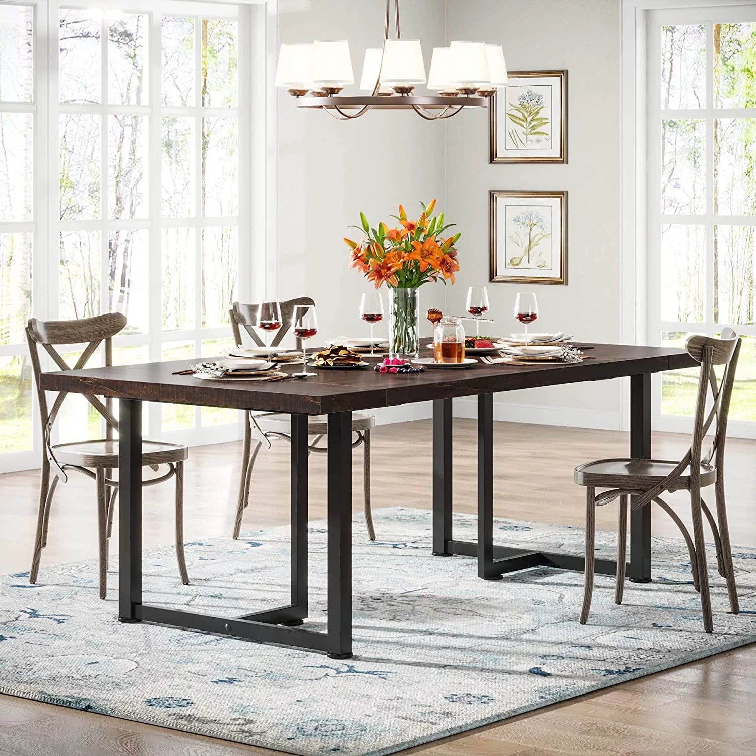 Tribesigns Dining Table Kitchen Table for 6, Rectangular Table with Metal Frame for Dining Room, Kitchen, Vintage Brown & Black