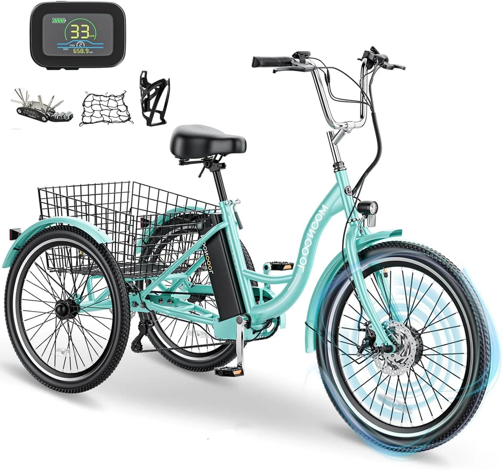 Mooncool 24" 26" 3 Wheel Electric Tricycle for Adults, 350W 36V 7 Speeds Motorized Electric Trike Three Wheel Electric Bikes Bicycle with Large Basket & Accessories for Women Men