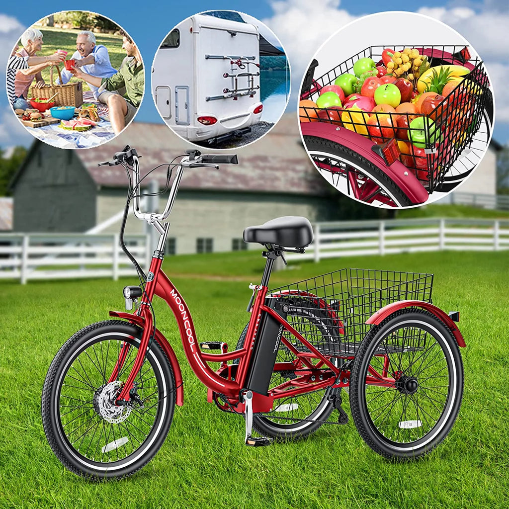 MOONCOOL 24"/26" Electric Tricycle for Adults, 350W 36V 7 Speeds Electric Trike Motorized Three Wheel Electric Bikes Bicycle with Large Basket for Women Men
