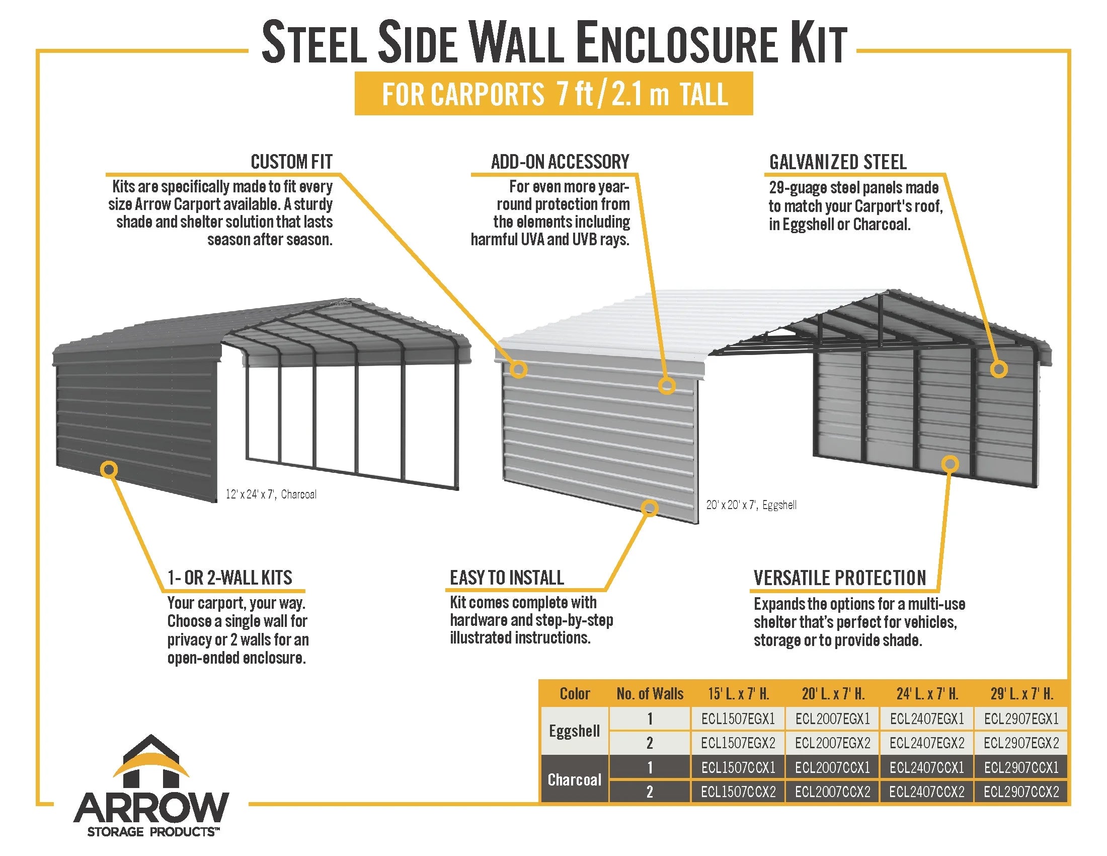 Arrow Carports Galvanized Steel Carport, with 1-Sided Enclosure, Compact Car Metal Carport Kit, 12' x 20' x 7' , Eggshell