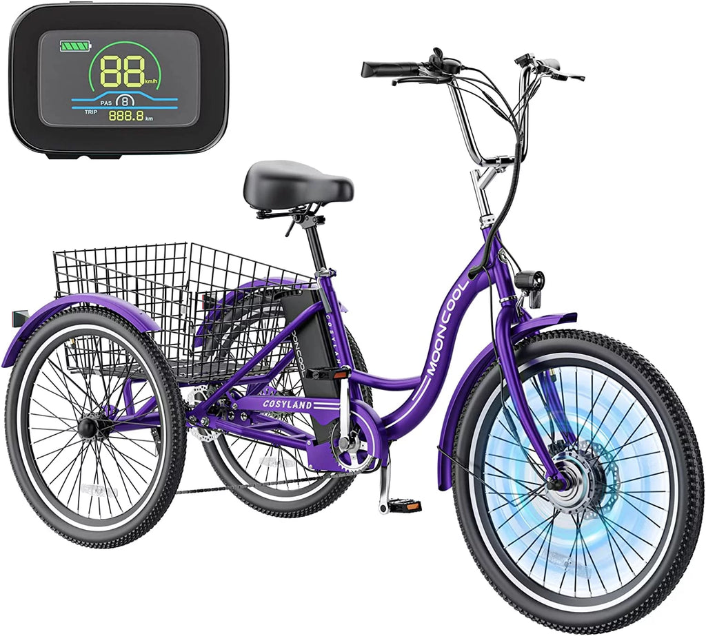 Mooncool 24" 26" 3 Wheel Electric Tricycle for Adults, 350W 36V 7 Speeds Motorized Electric Trike Three Wheel Electric Bikes Bicycle with Large Basket & Accessories for Women Men