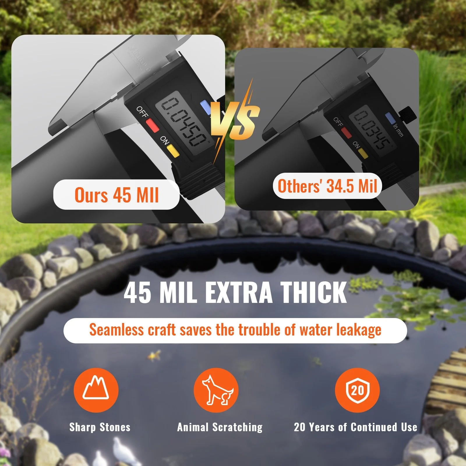 VEVOR EPDM Pond Liner, 20 x 25 ft, 45 Mil Thick, Black, Flexible Underlayment for Koi Ponds, Waterfalls, and Fountains