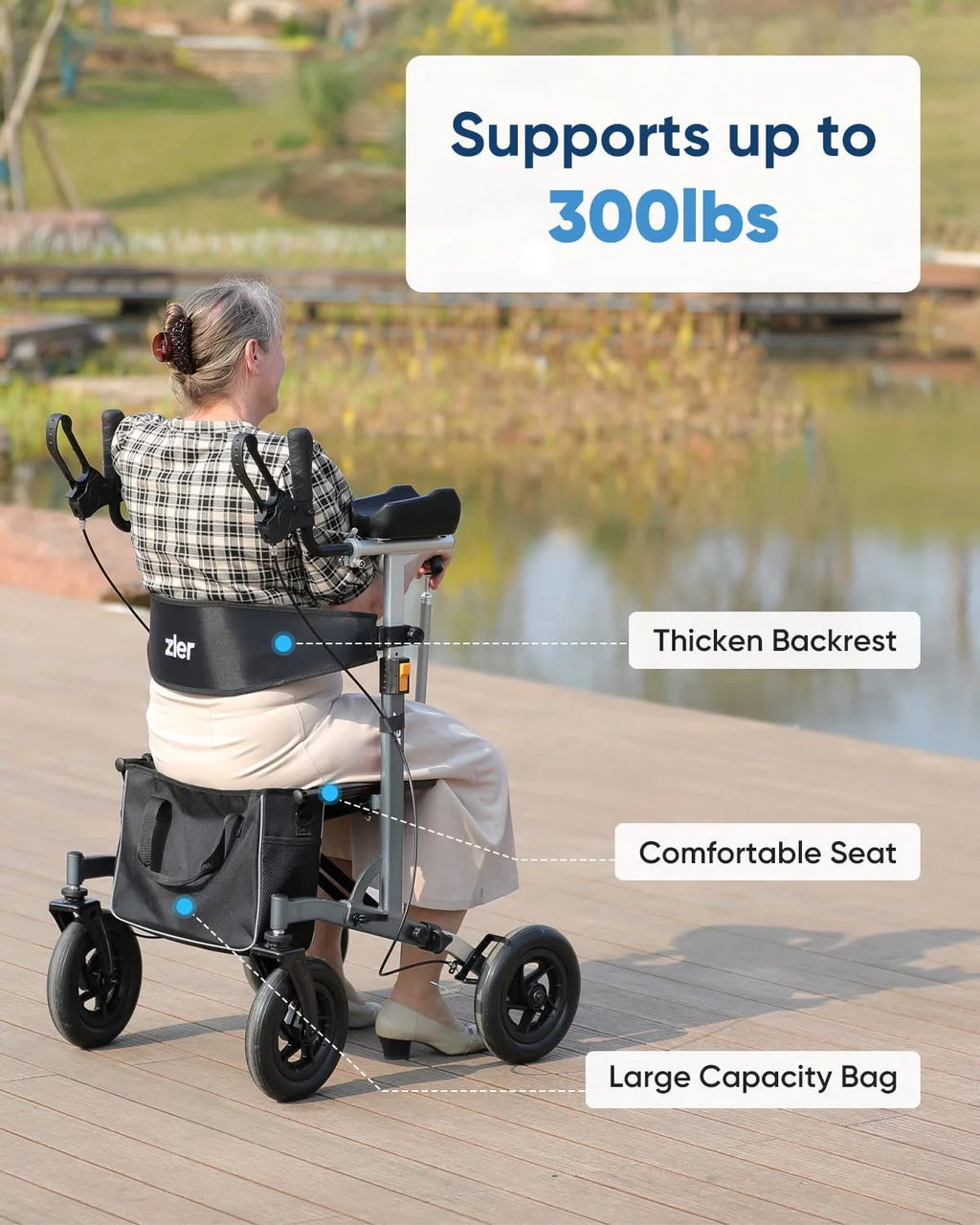 Zler Upright Walker - 300lbs Stand-Up Rollator Walker for Senior with Seat and Armrest, Stand Straight Walker with Arm Support, Rolling Mobility Walking Aid with 10” Wheels for All Terrain