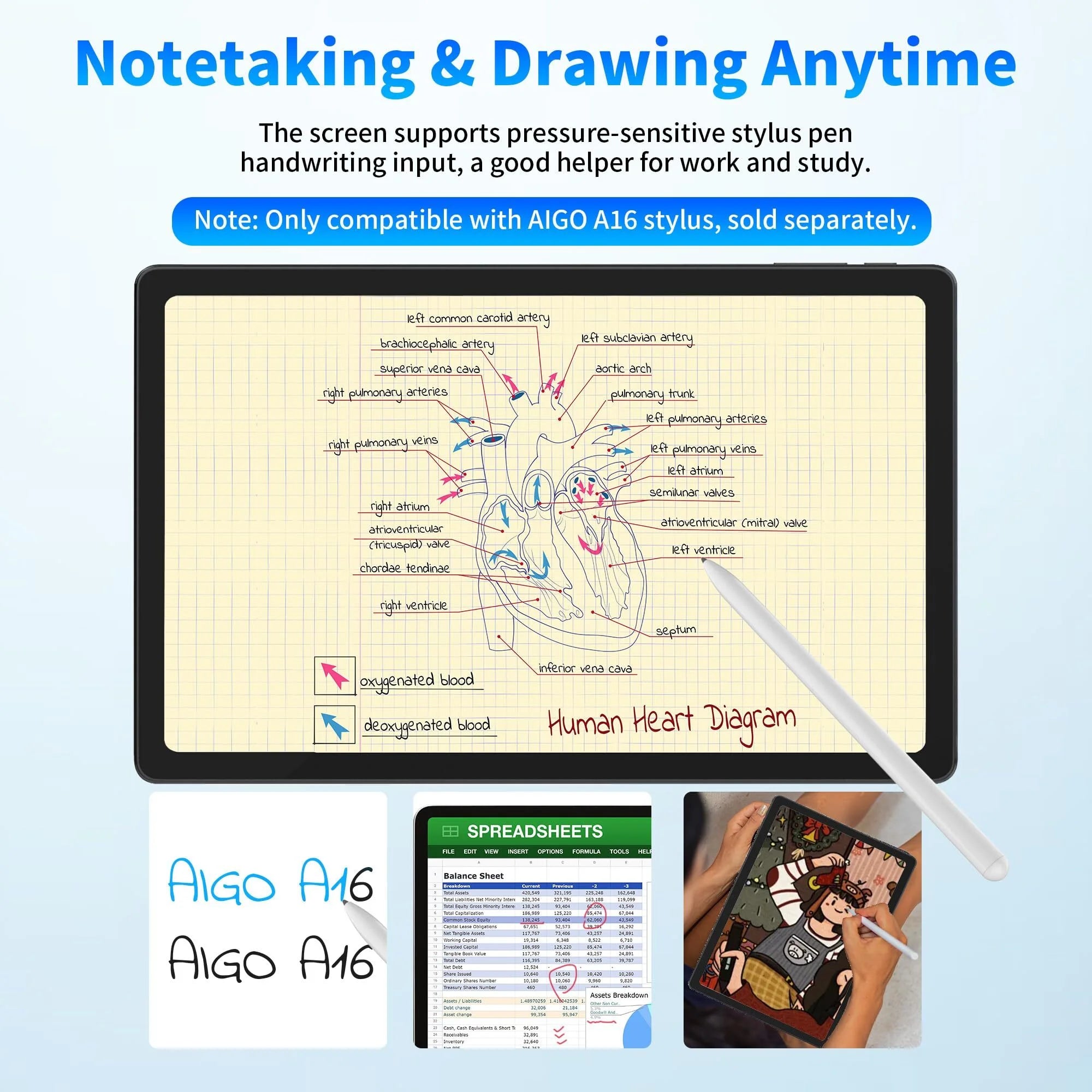 aigo A16Pro 2K Android 13 Tablet for Adult Kids, 10.6inch Tablet, 2024 Android Portable Tablet with Octa-Core, 16GB RAM+128GB ROM, Dual 13MP+5MP Camera, WiFi, GPS, Bluetooth, 1TB Expand Support, Black