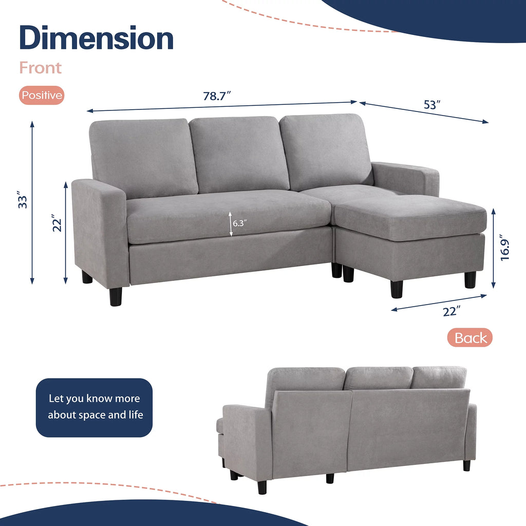 Walsunny Linen Fabric Convertible L-Shaped Sectional Sofa(Dark Gray)