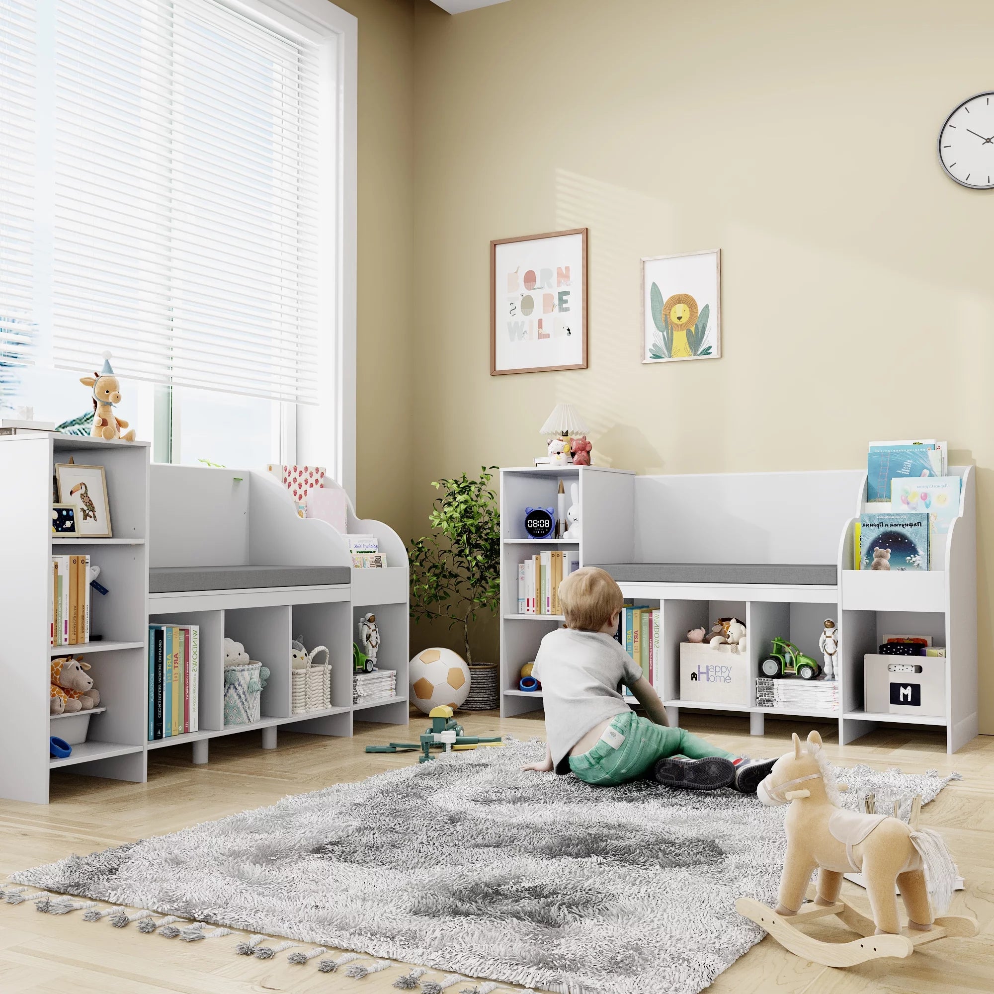 Homfa 31.5'' H x 54.5'' W Kids Bookshelf with Reading Nook, 2 Seats 7 Toy Shelves Wooden Kids Storage Organizer, White