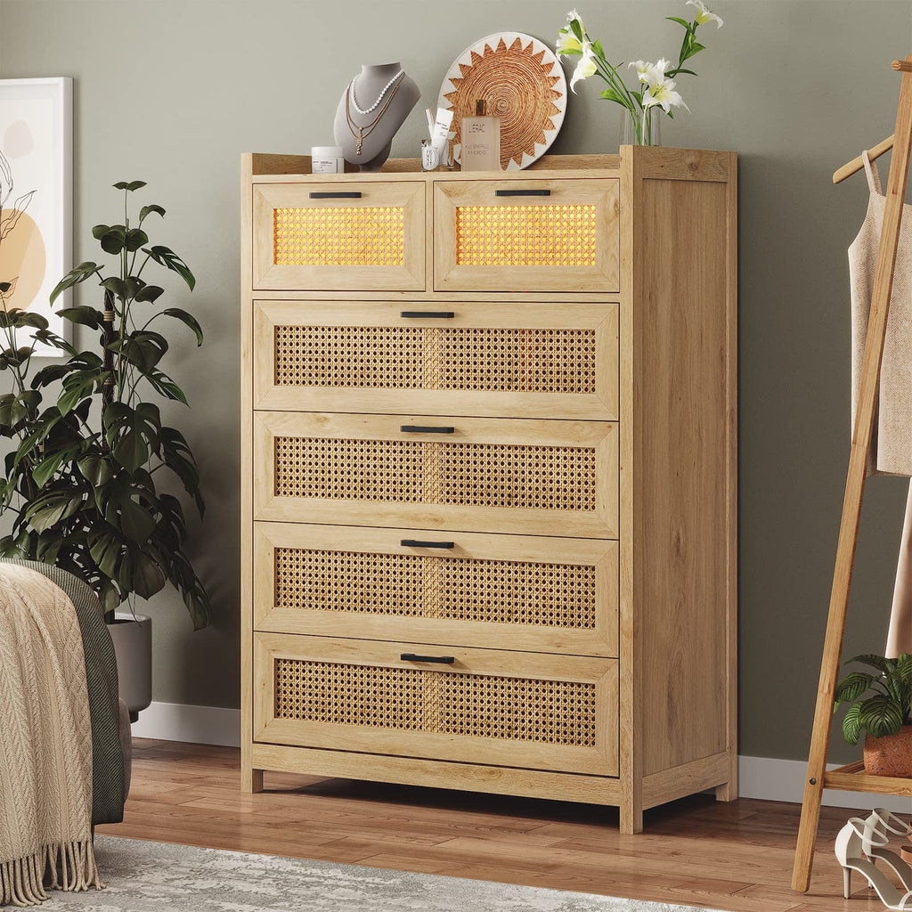 7 Drawer Dressers with LED Light, Natural Rattan Dresser for Bedroom, Hallway, Entryway