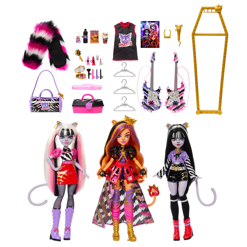 Monster High Dolls, the Hissfits Band three-Pack With Toralei Stripe, Meowlody And Purrsephone