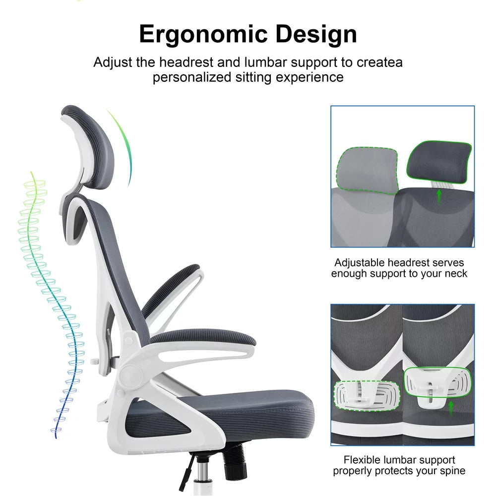 Topeakmart High Back Ergonomic Mesh Office Chair with 90° Flip-up Armrest, White/Black