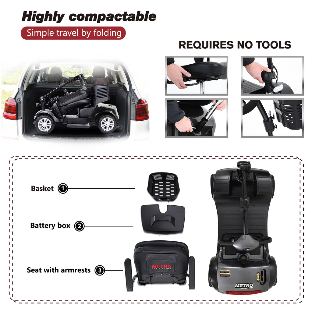 Long Range Foldable 4 Wheels Mobility Scooter with Basket & Headlight, Powered Mobility Scooters for Seniors and Adults, Metallic Gray