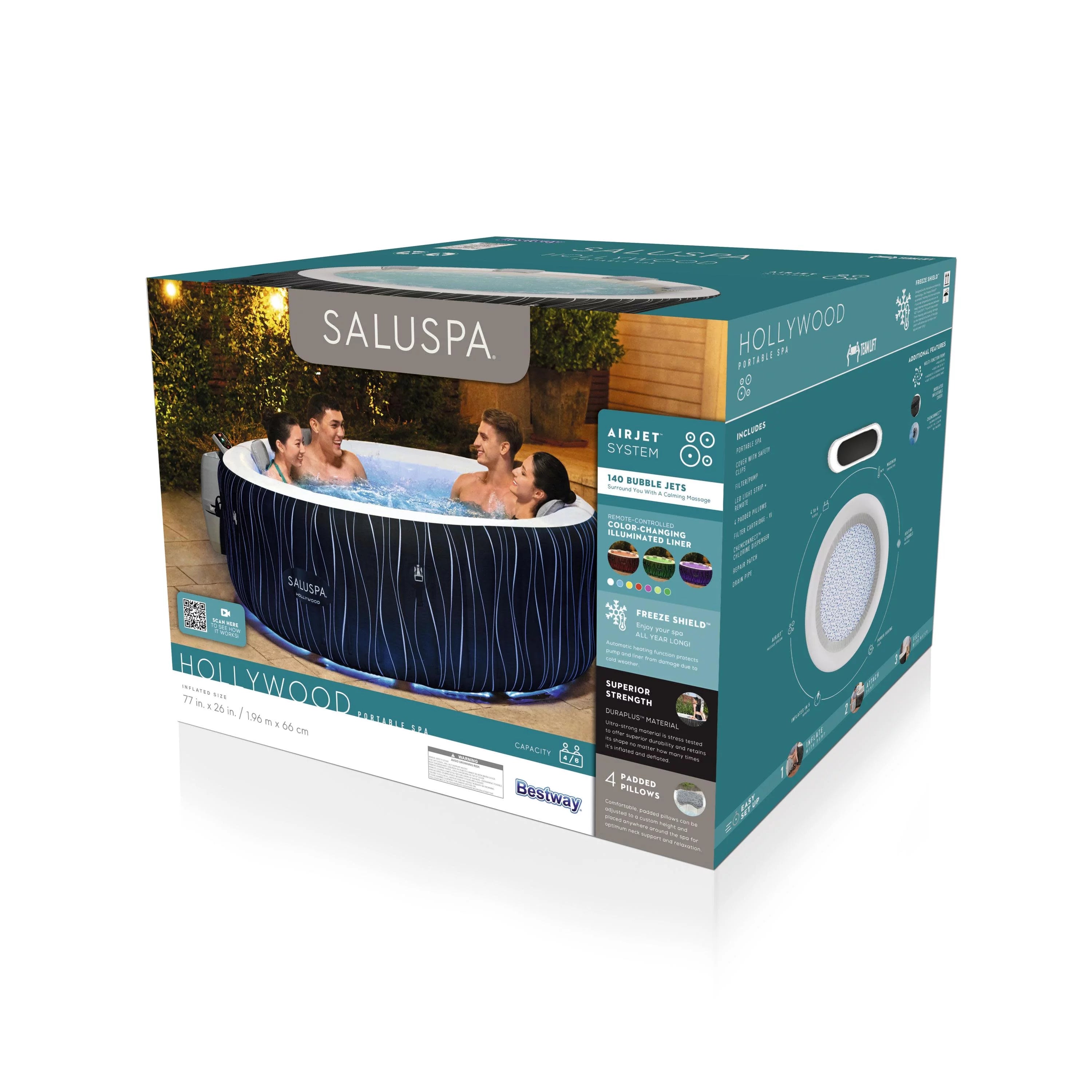 SaluSpa 77" x 26" Hollywood 240 Gal. Inflatable Hot Tub with LED Lights, 104?F Max Temperature