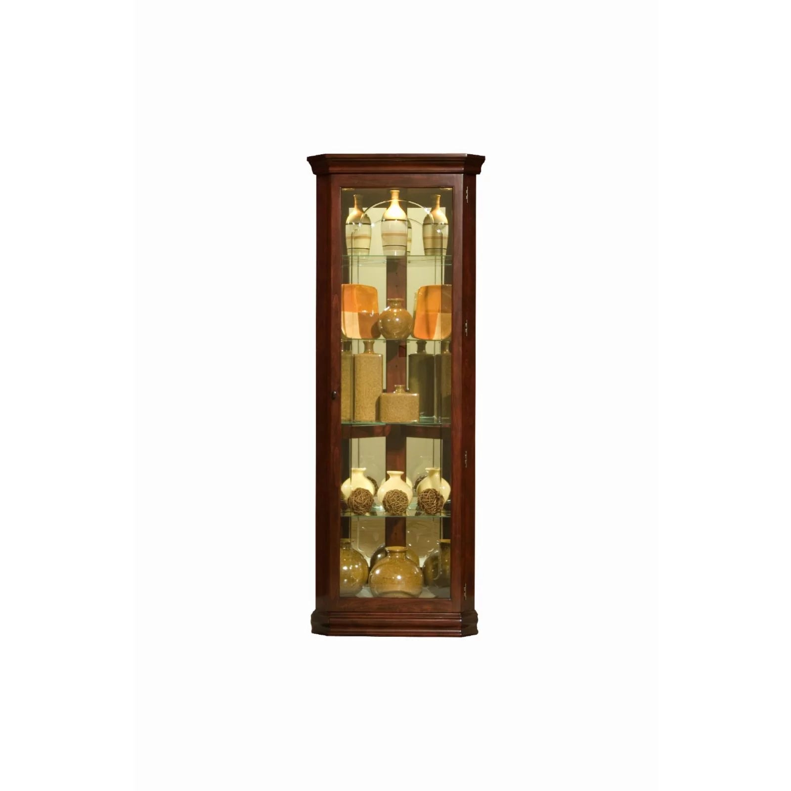 Wood Framed 4 Shelf Corner Curio Cabinet in Cherry Brown by Pulaski Furniture