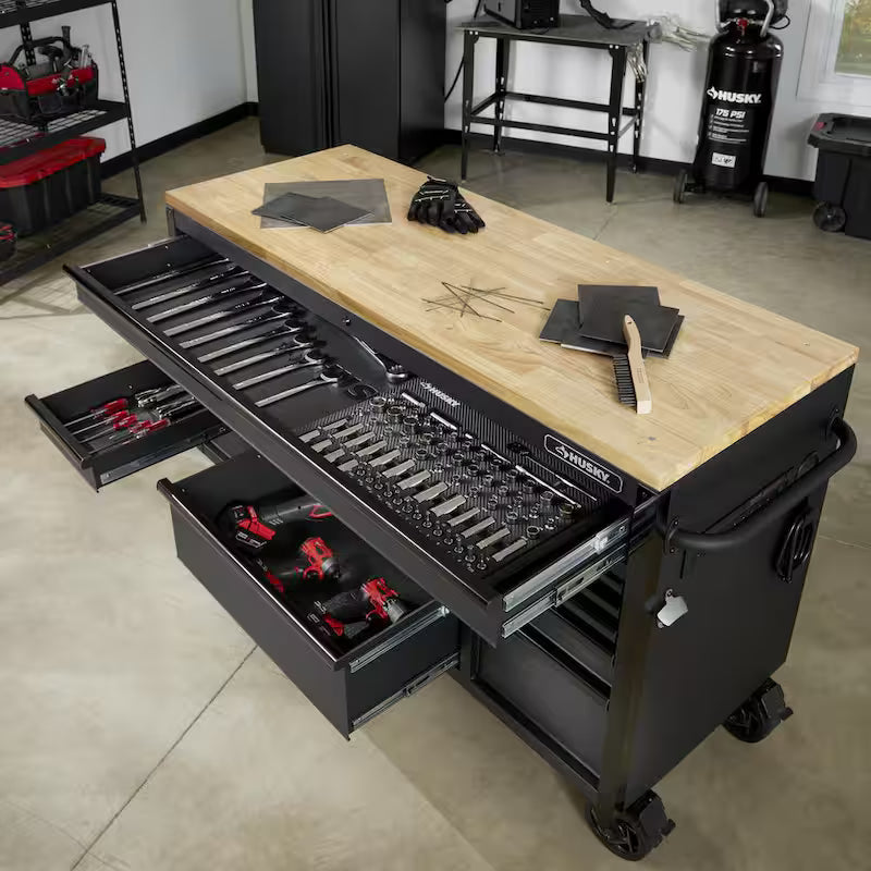 61 in. W x 23 in. D Heavy Duty 15-Drawer Mobile Workbench Tool Chest with Solid Wood Top in Matte Black