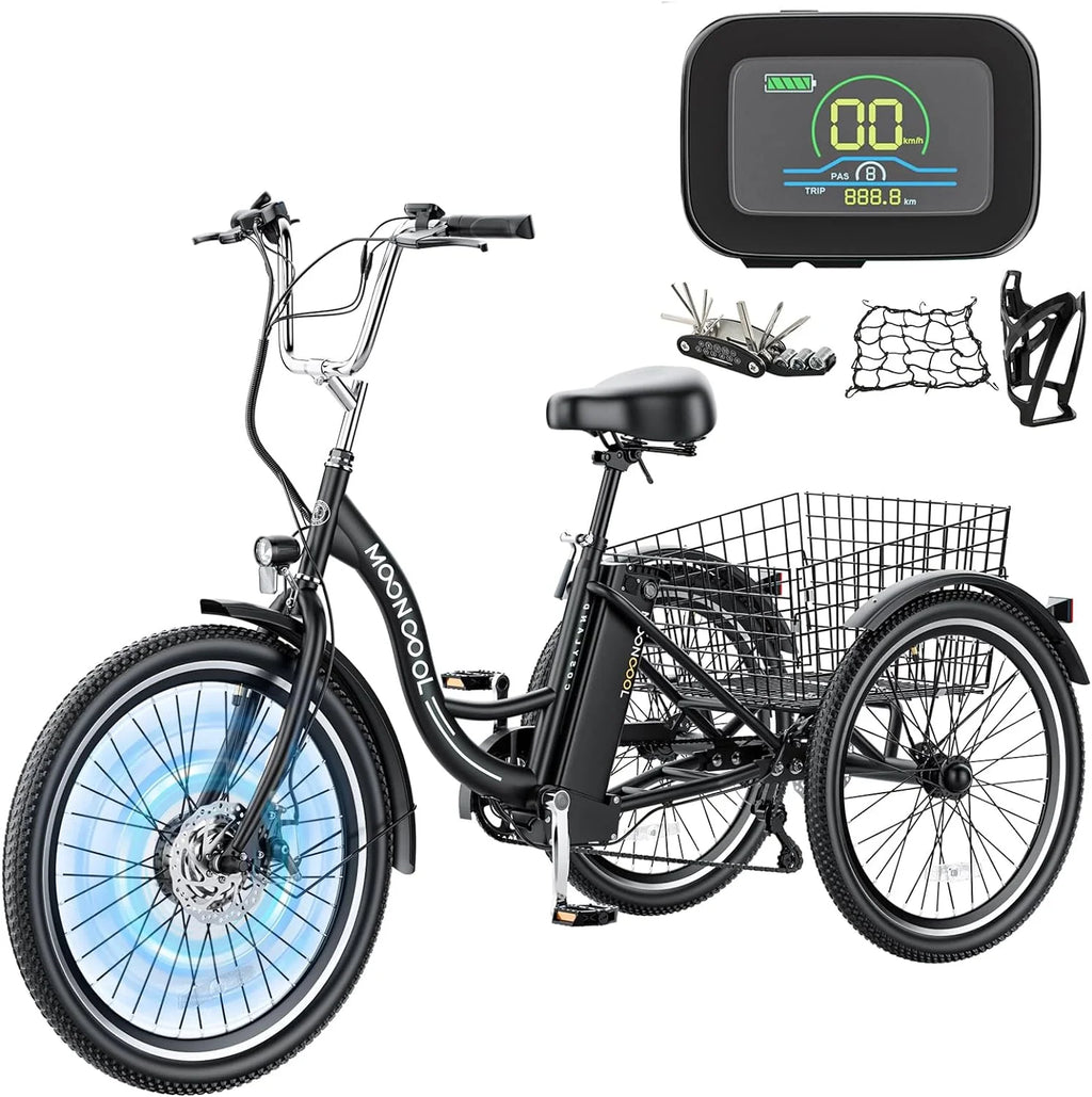 Mooncool 24" 26" 3 Wheel Electric Tricycle for Adults, 350W 36V 7 Speeds Motorized Electric Trike Three Wheel Electric Bikes Bicycle with Large Basket & Accessories for Women Men