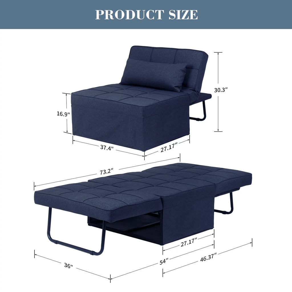 Ainfox Ottoman Chair Lounger Bed .4 in 1 Breathable Linen Convertible Single Sofa Couch, 73.23''L x 33.86''W(Dark Blue)