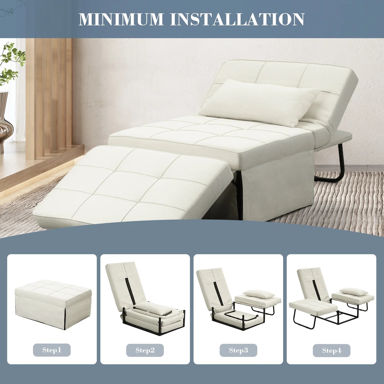 Ainfox Ottoman Chair Lounger Bed .4 in 1 Breathable Linen Convertible Single Sofa Couch, 73.23''L x 33.86''W(Dark Grey)(Beige)