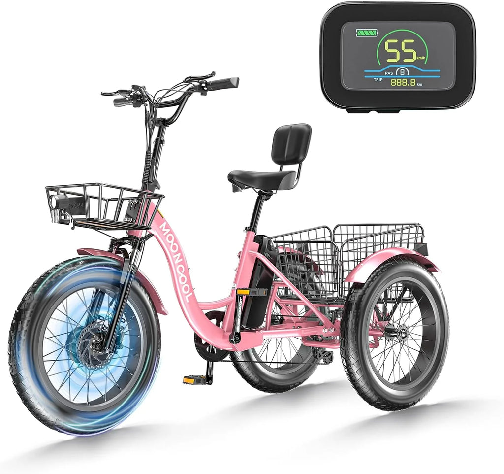 Mooncool 24" 26" 3 Wheel Electric Tricycle for Adults, 350W 36V 7 Speeds Motorized Electric Trike Three Wheel Electric Bikes Bicycle with Large Basket & Accessories for Women Men