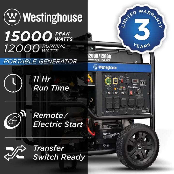 Westinghouse 15,000 Peak Watt Home Backup Portable Gas Generator with Electric Start &amp; CO Sensor