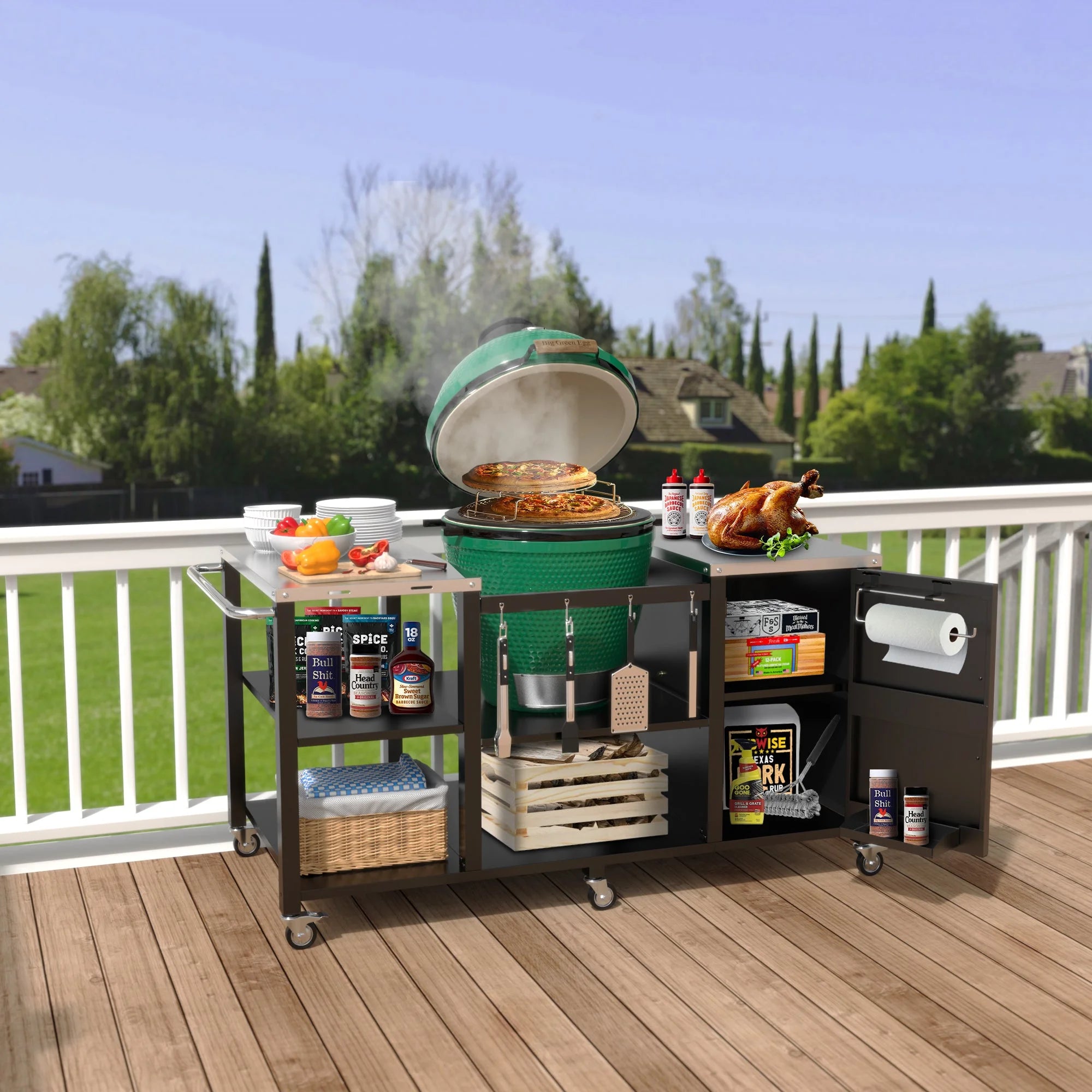 GDLF Table Compatible with Big Green Egg Grill Heavy Duty Metal Green Egg Stand with Accessories Storage