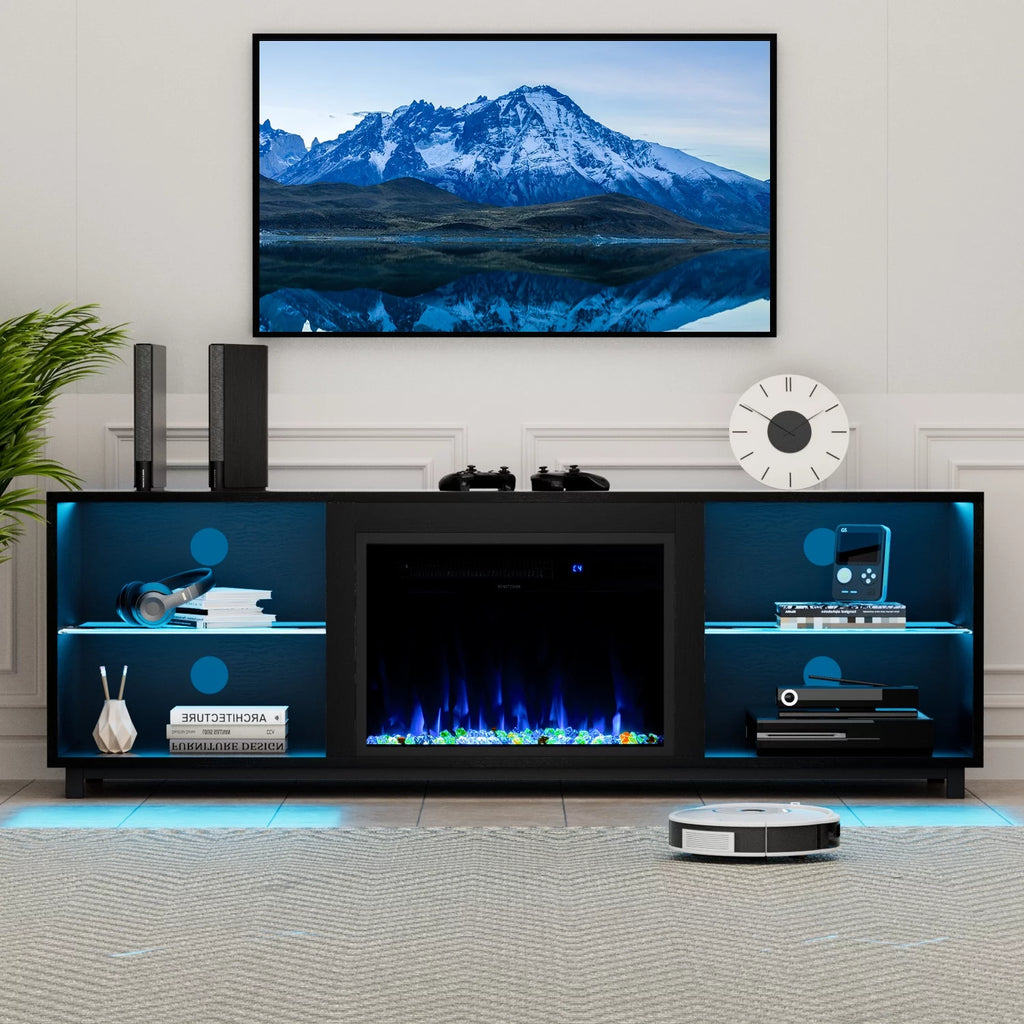 Oneinmil 68'' Fireplace TV Stand for 75'' TV, with 23" Electric Fireplace, LED Light Entertainment Center, White