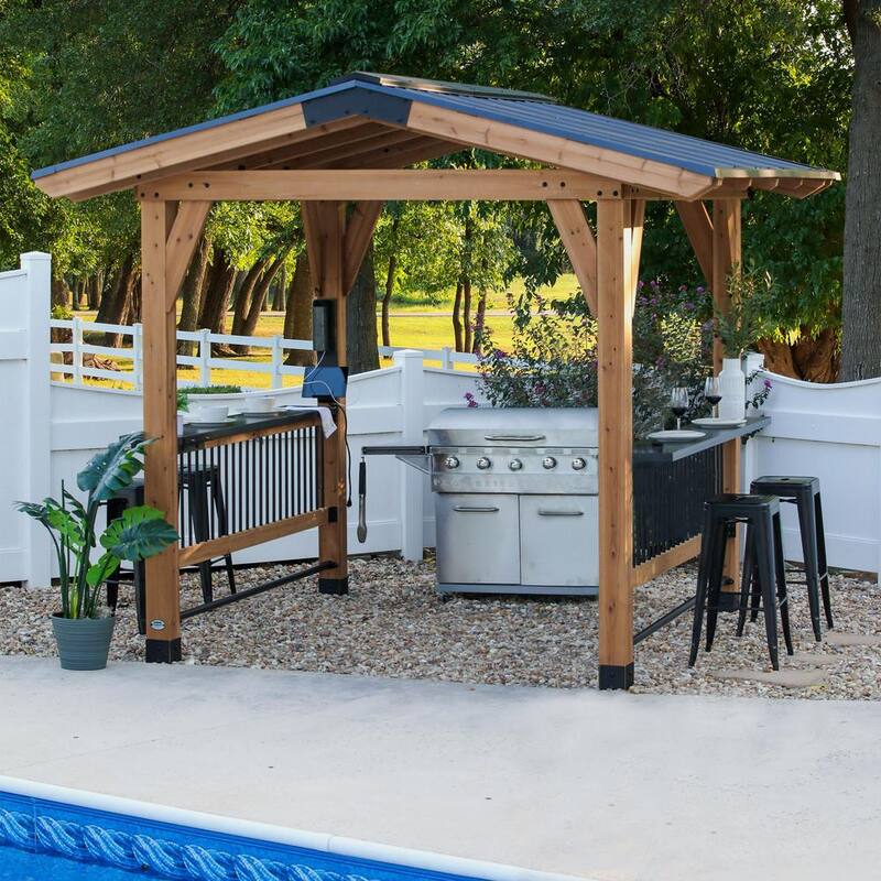 Granada 9 ft. x 10 ft. All Cedar Wood Grill Gazebo w/Outdoor Bar, Hard Top Steel Roof and Powder Coated Bar Countertops