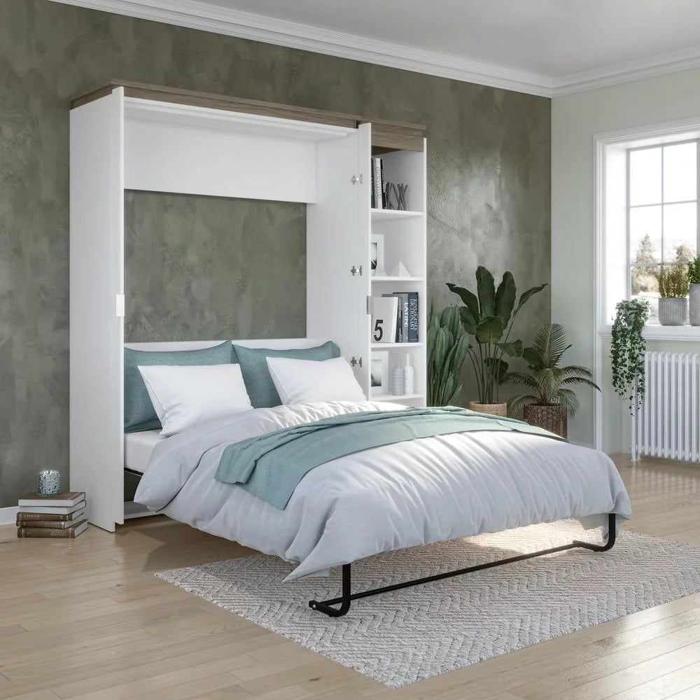 Bestar Orion 79" Full Murphy Bed with Narrow Bookcase in White
