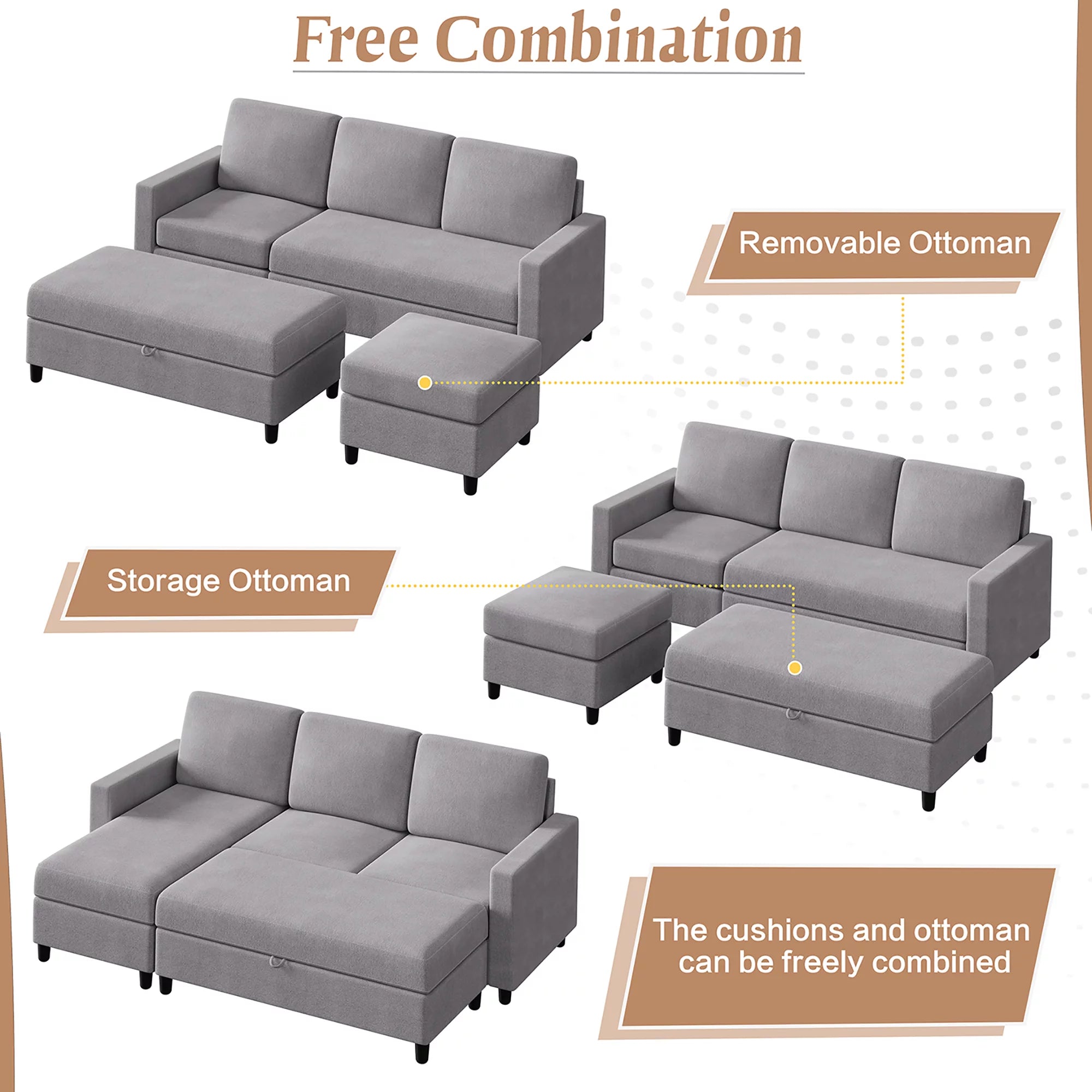 Walsunny Linen Fabric Convertible L-Shaped Sectional Sofa(Dark Gray)