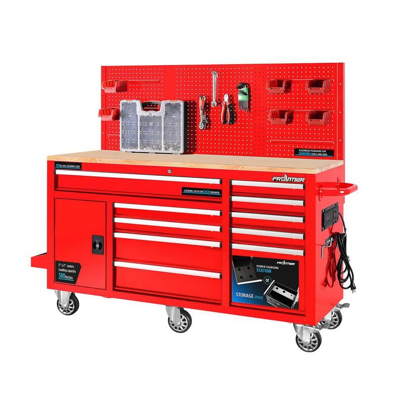 Heavy-Duty 62 in. 10-Drawer Red Tool Chest Mobile Workbench Cabinet with Pegboard Back Wall