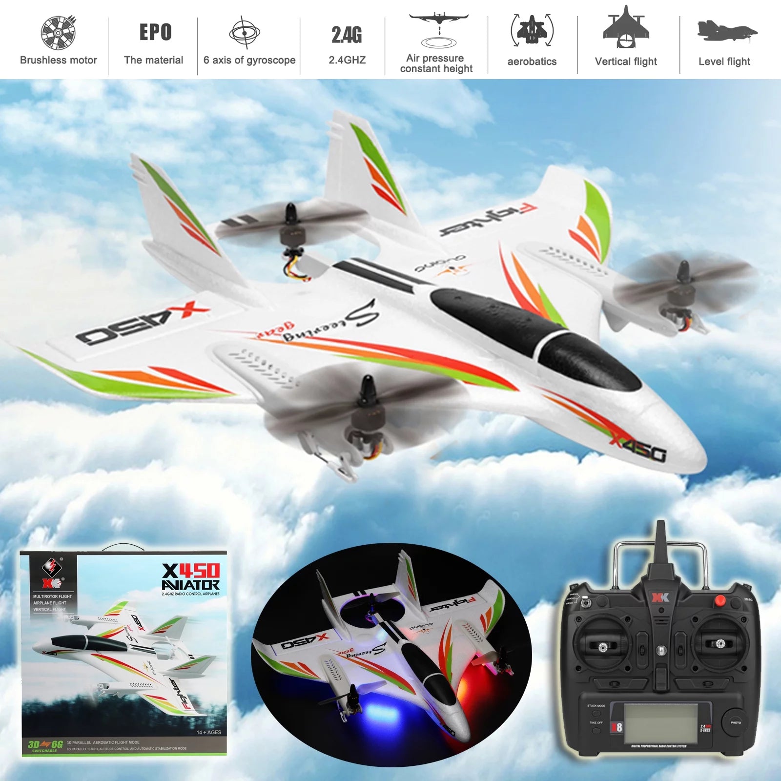 TOPTENG WLtoys XK X450 RC Airplane, 2.4G Remote Control 6 Channel Brushless Motor Aircraft, Vertical Takeoff LED RC Glider Fixed Wing Plane RTF