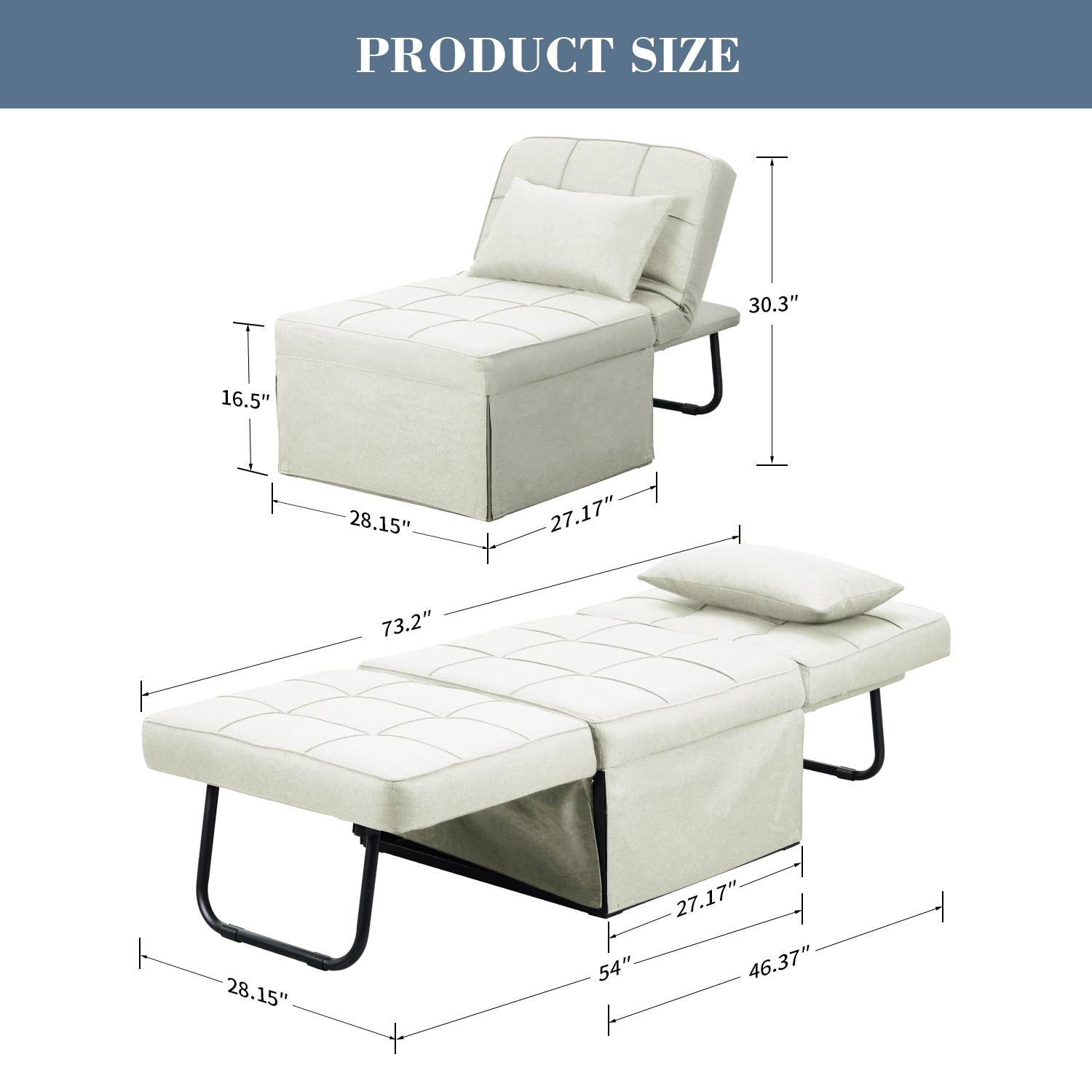 Ainfox Ottoman Chair Lounger Bed .4 in 1 Breathable Linen Convertible Single Sofa Couch, 73.23''L x 33.86''W(Dark Grey)(Beige)
