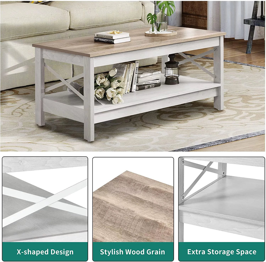 Dextrus Farmhouse Coffee Table 2-Tier Wood Center Table with Storage Shelf for Living Room, Gray, 39.7