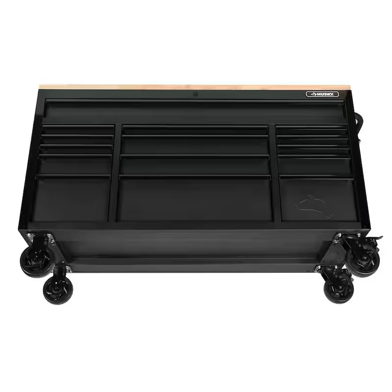 61 in. W x 23 in. D Heavy Duty 15-Drawer Mobile Workbench Tool Chest with Solid Wood Top in Matte Black