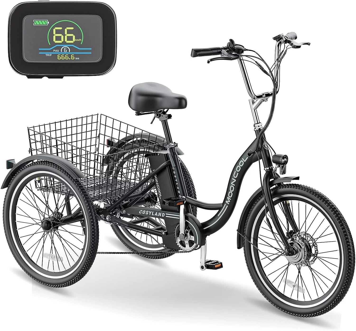 Mooncool 24" 26" 3 Wheel Electric Tricycle for Adults, 350W 36V 7 Speeds Motorized Electric Trike Three Wheel Electric Bikes Bicycle with Large Basket & Accessories for Women Men