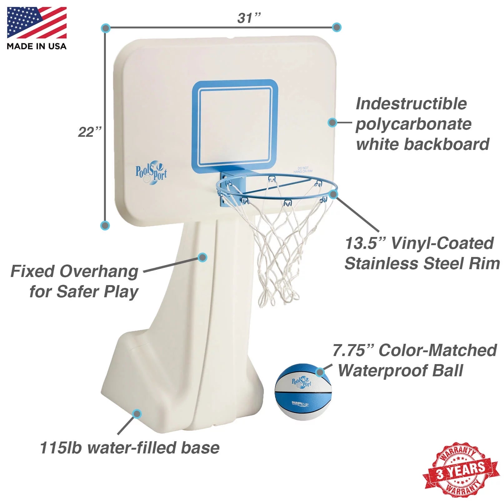 Dunn-Rite Pool Sport poolside basketball unit. The Dunn-Rite Pool Sport Portable Pool Basketball Hoop (B950) features a color-matched ball textured ball, 13.5" stainless steel rim (36" height)