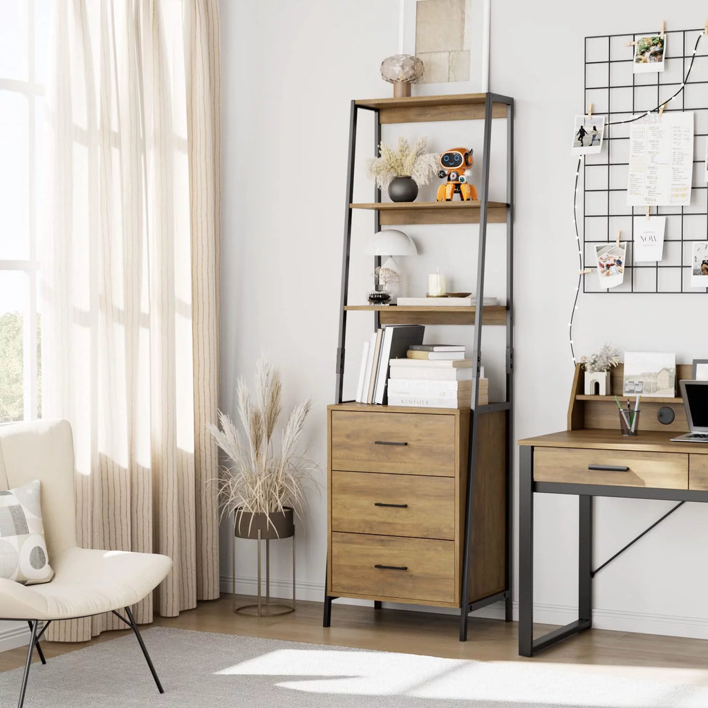 Homfa 3 Drawers Ladder Bookshelf, 3 Tier Open Storage Shelves for Office Living Room, Rustic Brown