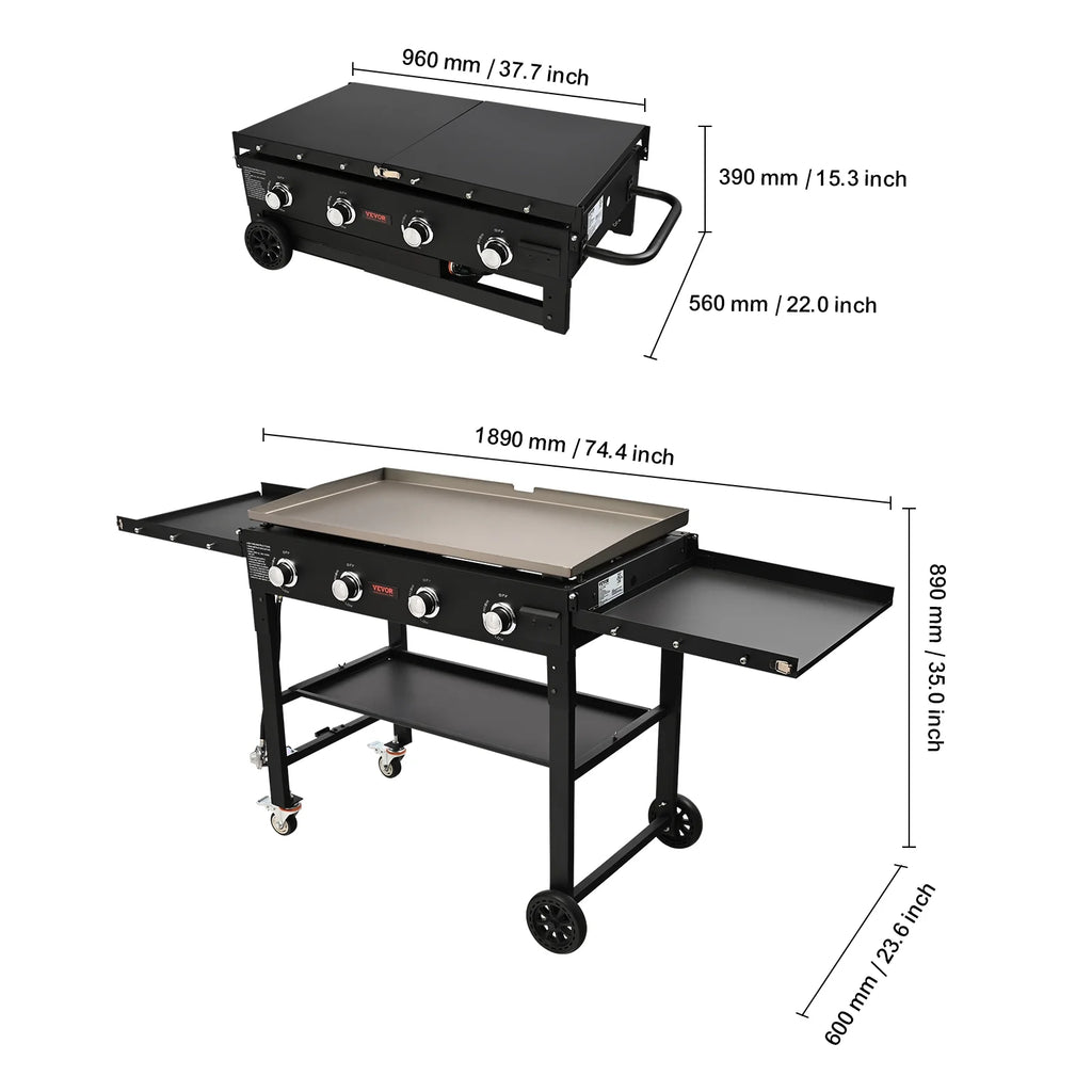BENTISM 4-Burner 36 Griddle Cooking Station Countertop Commercial Gas Griddle Flat Top Grill Hot Plate Restaurant Cart