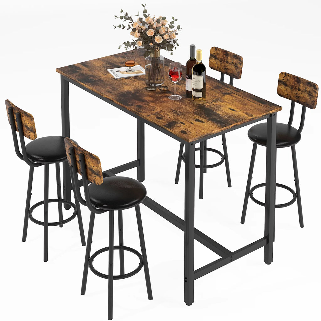 5 Piece Bar Table Set, Modern Counter Height Dining Set, Home Dining Table and Chairs Set for 4, Kitchen Breakfast Table Set with 4 Cushioned Stools, Bistro Pub Table Set, Rustic Brown
