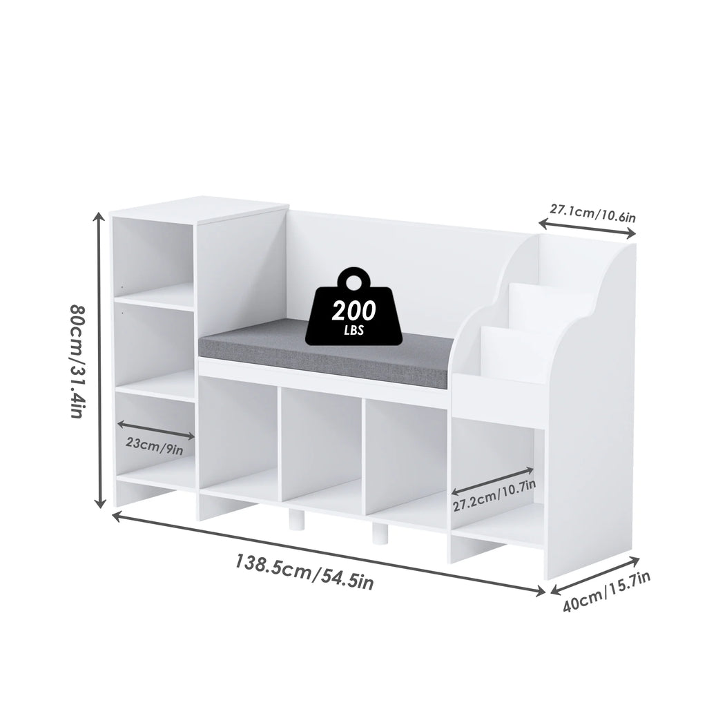 Homfa 31.5'' H x 54.5'' W Kids Bookshelf with Reading Nook, 2 Seats 7 Toy Shelves Wooden Kids Storage Organizer, White