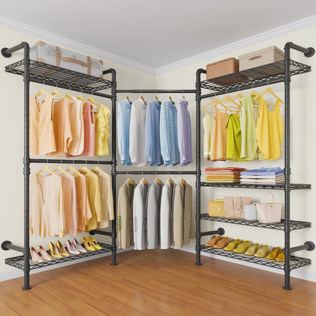 Timate L3 L Shape Garment Rack Heavy Duty Clothes Rack, Industrial Pipe Wall Mounted Clothing Rack Storage Closet Kit, Black