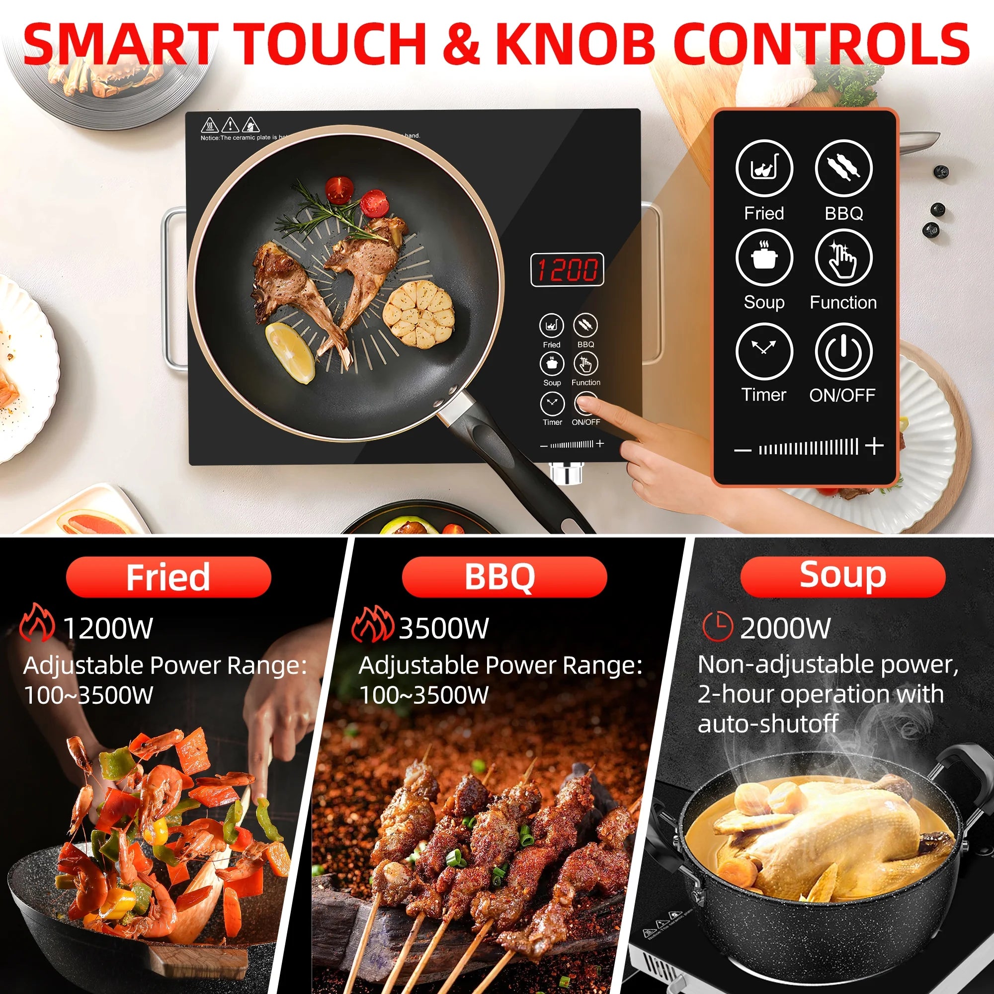 Electric Infrared Induction Cooktop Stove,Power range from 100W to 3500W,Compatible with All Cookware,Heat-Up In 5S with Cooking Timer,LED Screen,One-piece Panel for Easy Cleaning