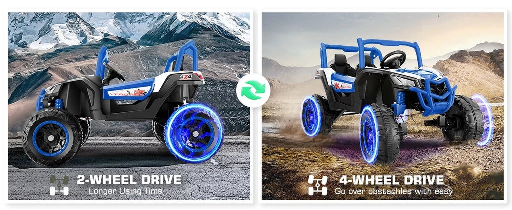 Funcid 4WD 24V Ride on Toys 2 XL Seater Kids Ride on Cars w/ Remote Control, 4*200W Motor, Electric Off-Road UTV 7AH Battery Powered 4-Wheeler Vehicle w/ Bluetooth, Music, 3-Speed, LED Light, Blue