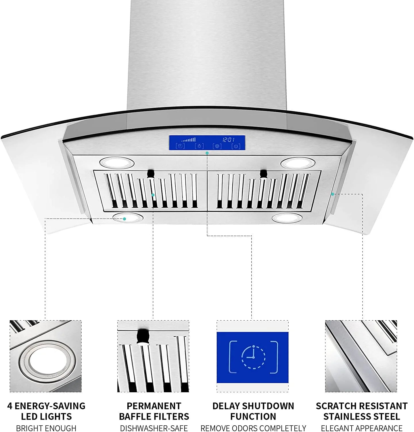 30 inch Island Mount Range Hood 700CFM Stainless Steel Touch Control Kitchen Vent Hood
