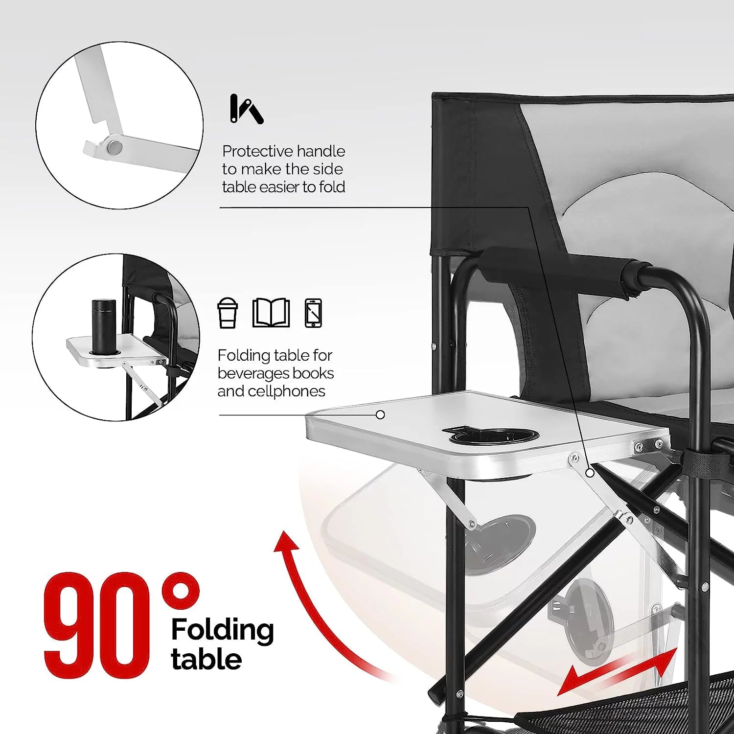 30inch Directors Camping Chair Folding with Side Table,Portable Makeup Artist Bar Height, Aluminum Frame 300 lbs Capacity,