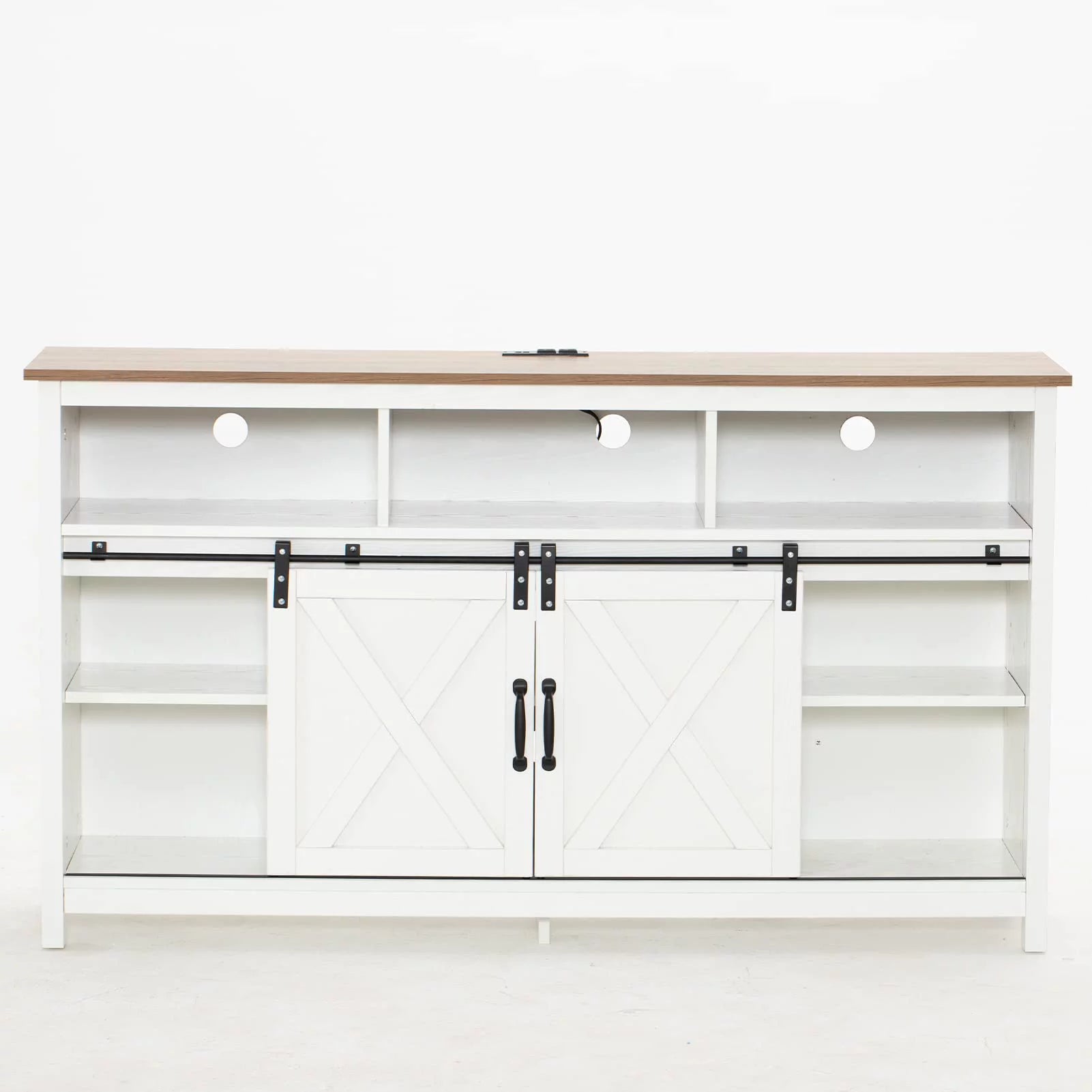 4 Layer Farmhouse Coffee Bar Cabinet With Power Outlet & LED Light, 57" Barn Door Buffet Cabinet Kitchen Storage With Adjustable Shelves(Brown)