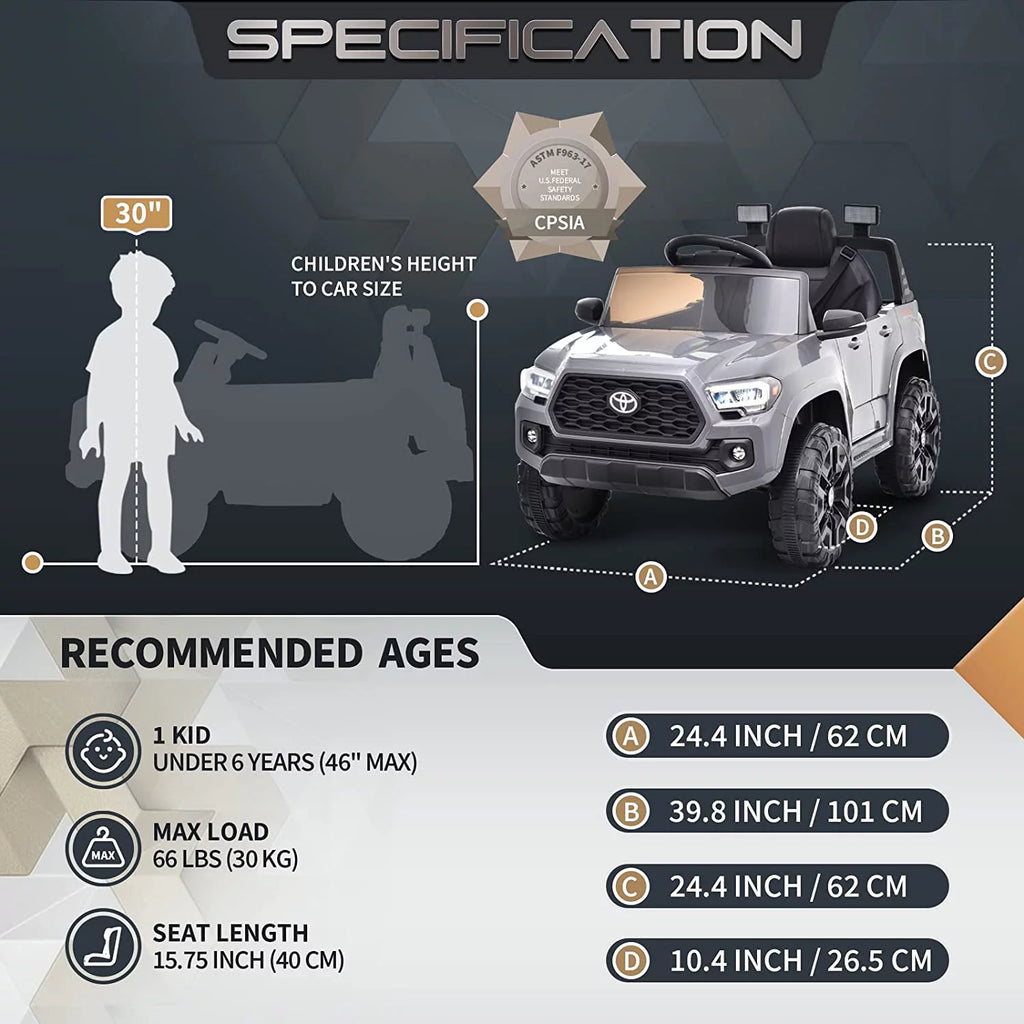 Blitzshark 12V Kids Ride on Car Licensed Toyota Tacoma Battery Powered Motorized Electric Vehicle, with Remote Control, Digital Display, Spring Suspension, Storage Space, Music & FM, Gray