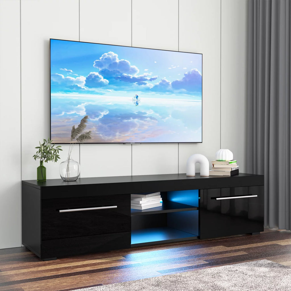 Hommpa Gray White High Gloss TV Stand for TVs up to 59 LED Entertainment Center Modern TV Cabinet with 2 Storage Drawers