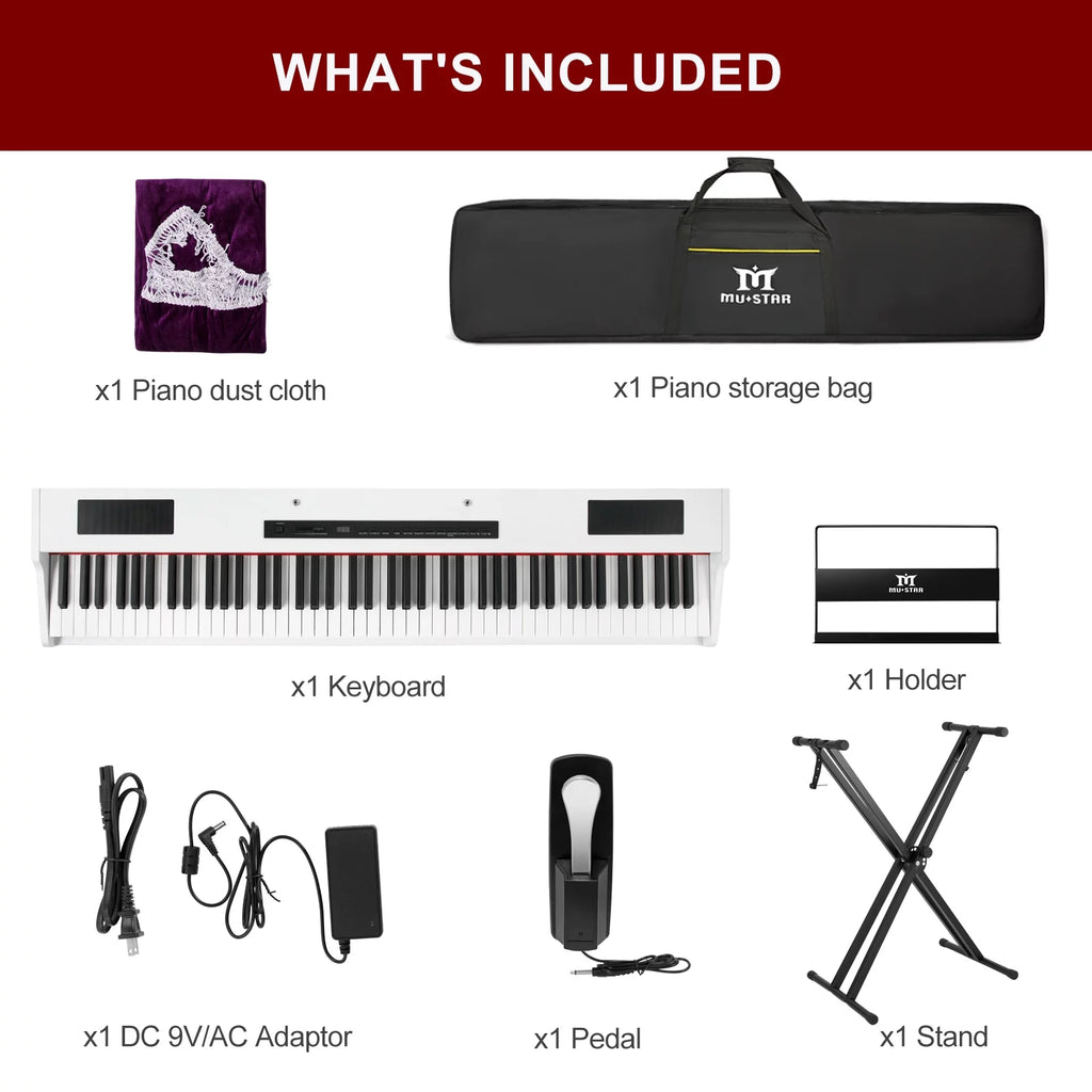 MUSTAR Weighted Digital Keyboard Piano 88 Keys Hammer Action with Stand, Bluetooth, Portable Case, Sustain Pedal (White)